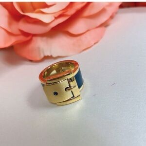 Michael Kors MK Yellow Gold Navy Blue Enamel Belt Buckle Ring Size 6 & 7